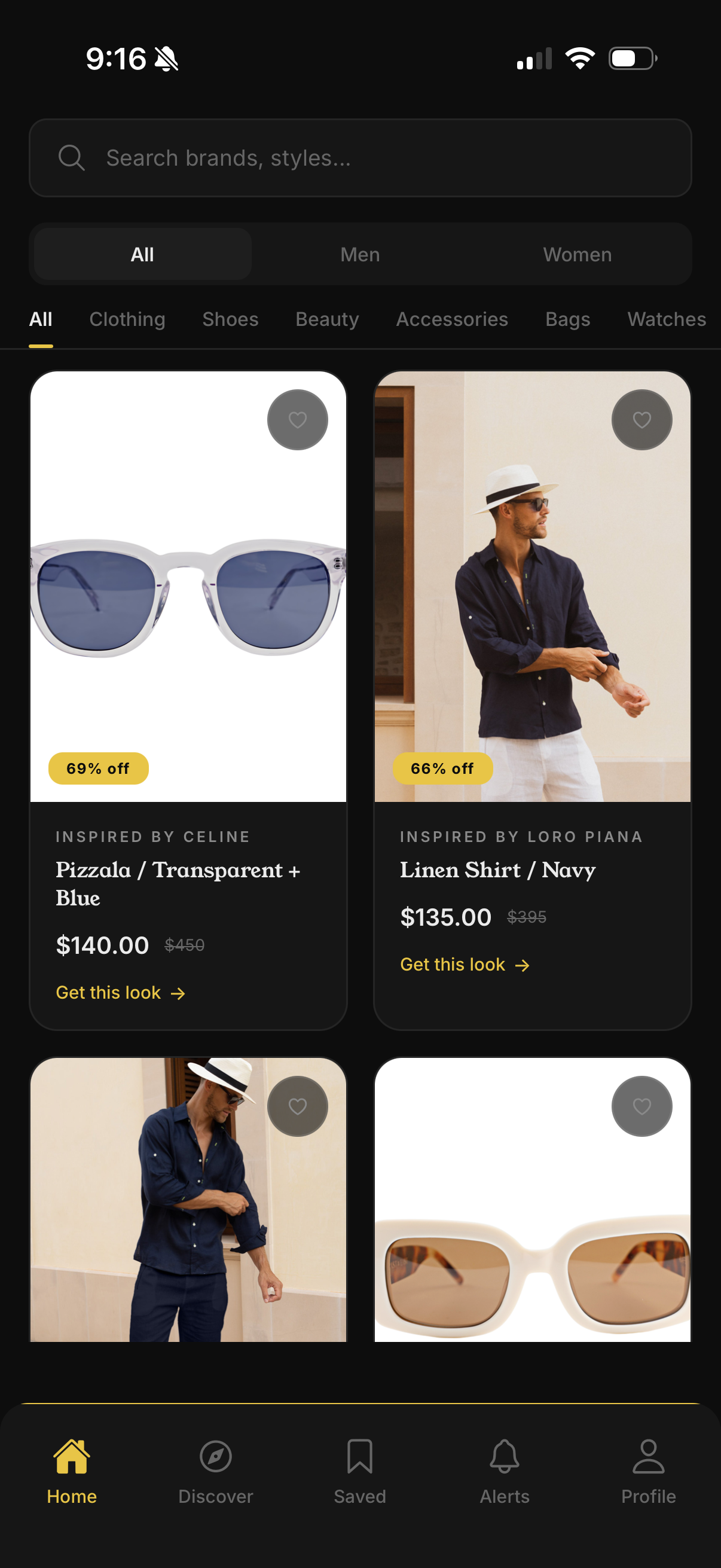 Dezipher home screen showing luxury-inspired product grid