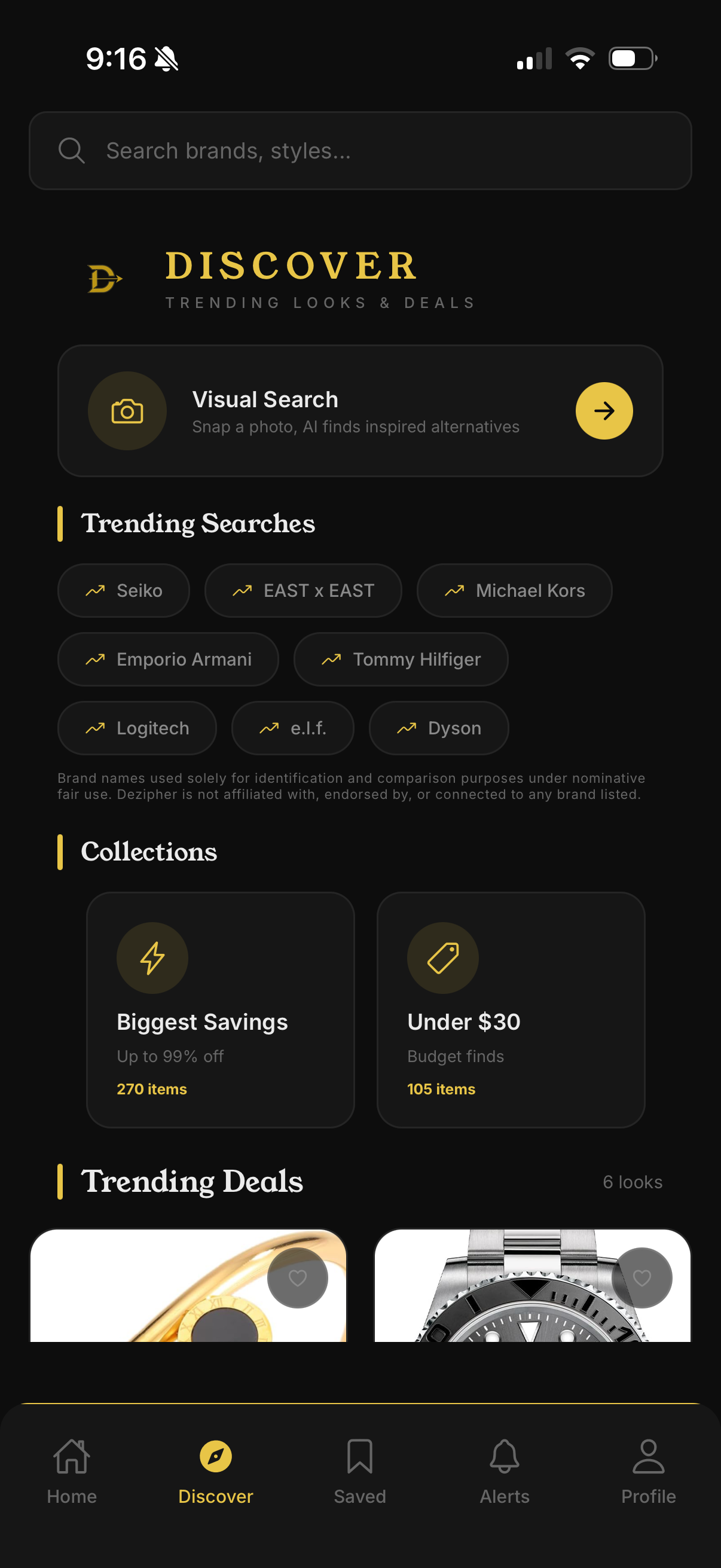 Dezipher discover screen with trending collections